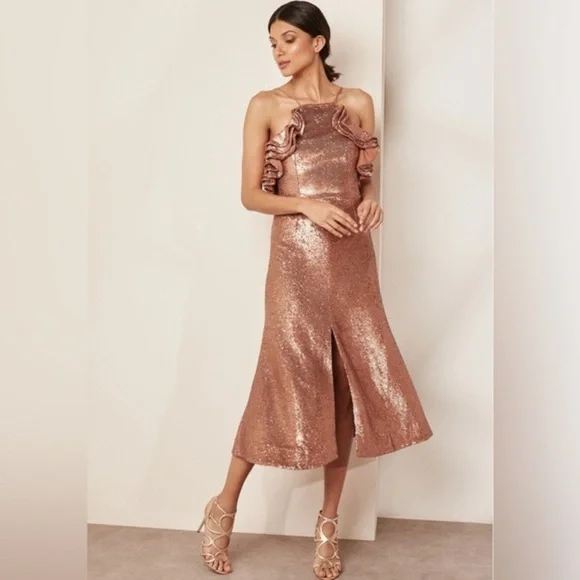 NWT C/MEO Collective Illuminated Sequin Ruffle Midi Dress | Copper Rose Gold | S - Picture 4 of 12